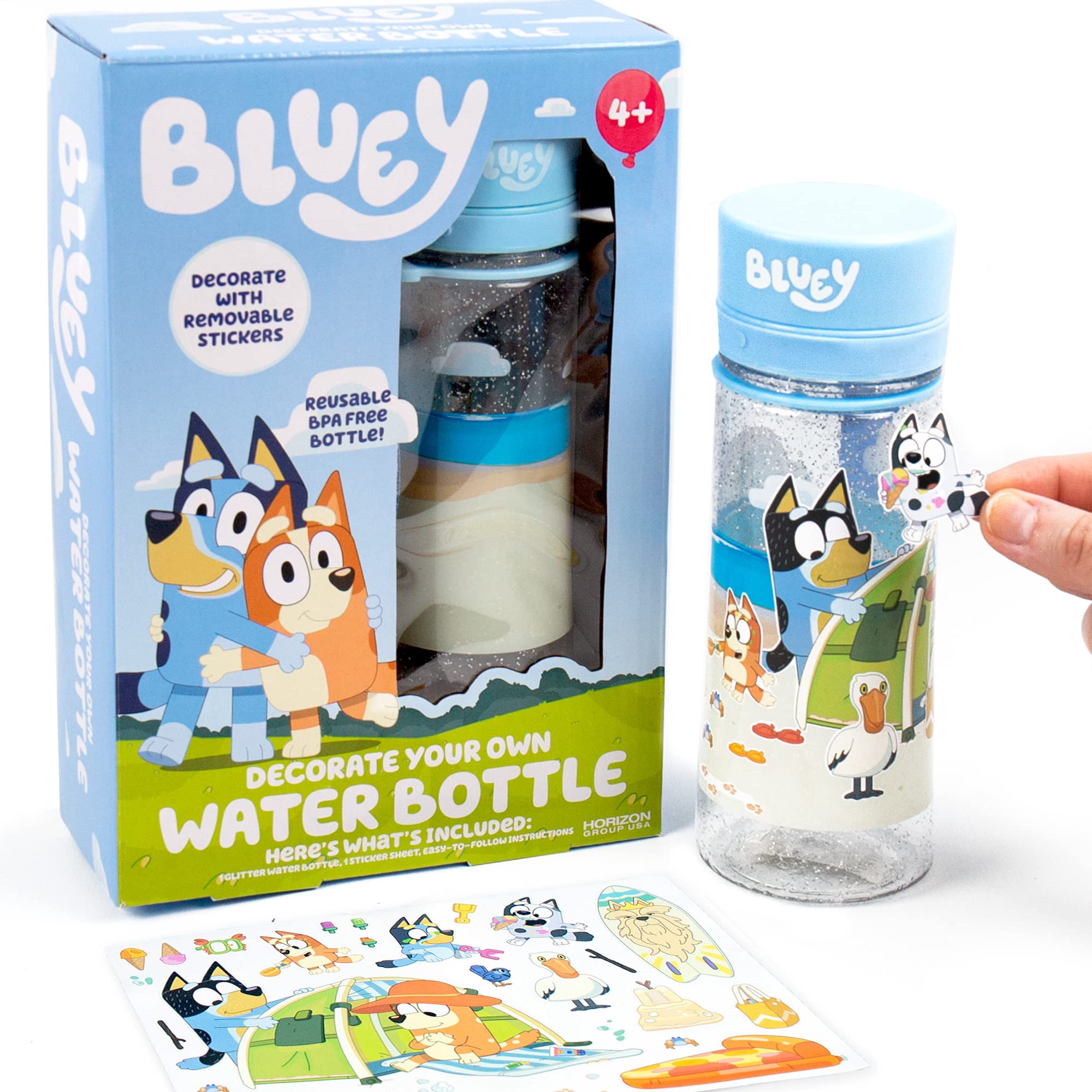 Bluey Decorate Your Own Water Bottle, Repositionable Stickers, Great For Bluey Birthday Parties, Summer Sports, and More, Reusable BPA-Free Water Bottle for Kids Ages 3, 4, 5, 6