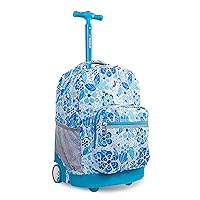 J World New York Sunrise Kids Rolling Backpack for Girls Boys Teen. Roller Bookbag with Wheels, Blue Vine, 18