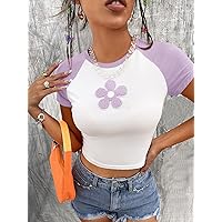 Women's Tops Women's Shirts Sexy Tops for Women Dopamine Dressing Floral Patch Detail Contrast Raglan Sleeve Crop Tee (Color : Purple, Size : X-Large)