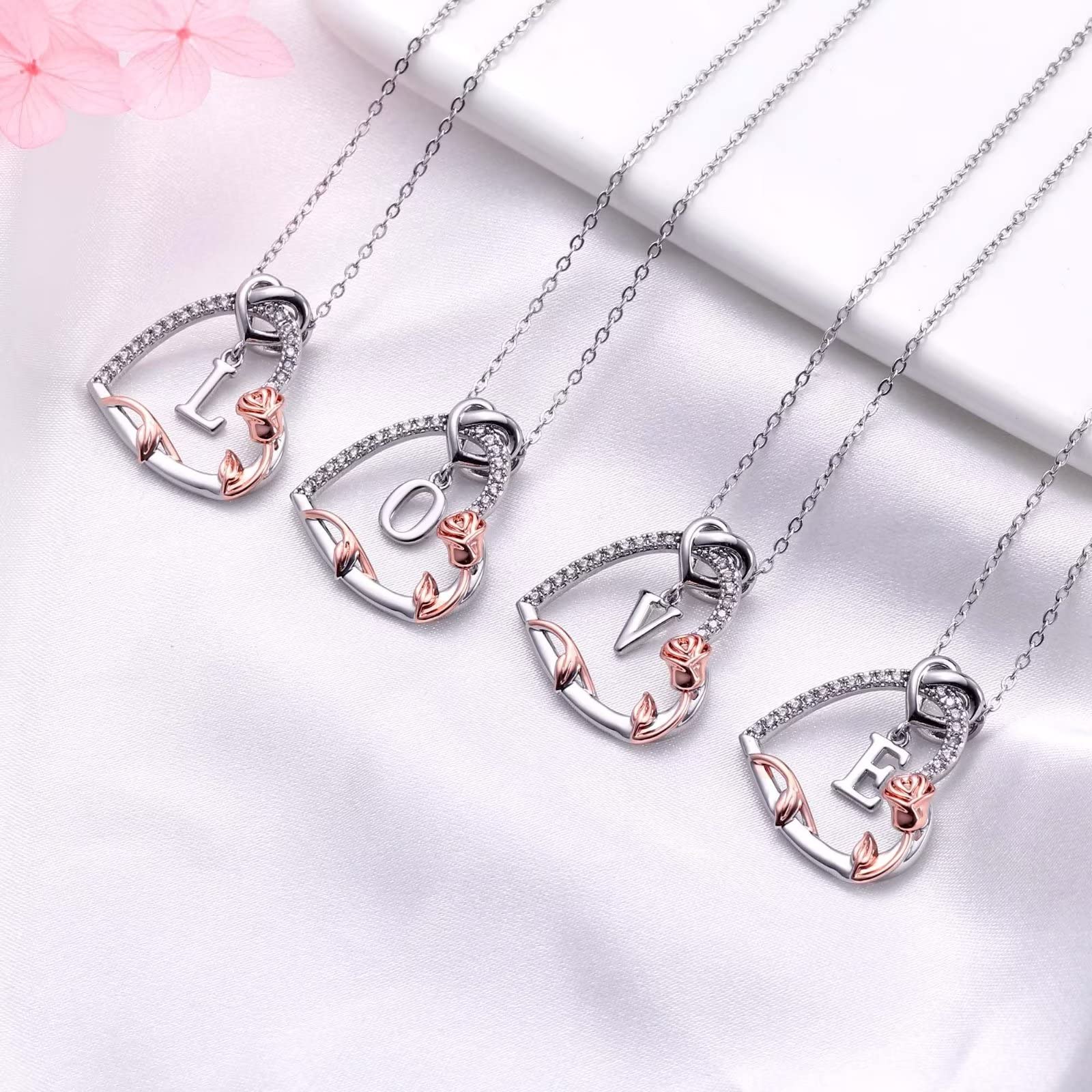 Rose Heart Initial Necklaces Gifts for Women Teen Girls, Love Heart Initial Letter Pendant Necklace Jewelry Mothers Day Valentines Christmas Birthday Gifts for Her Girlfriend Wife Mom Daughter