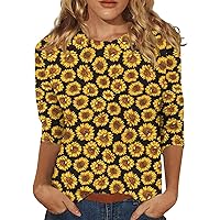 Womens Tops Trendy Novelty Print Graphic Crew Neck Women 3/4 Sleeve Tops Casual Loose Tunic Going Out Tops