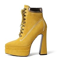 Soireelady Women's Platform Ankle Boots Chunky Heel Booties Lace up Pointed Toe High Heel Casual Boots 6.4Inch
