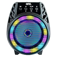 QFX BT-64 TWS Bluetooth Rechargeable Portable Speaker with 4” Woofer LED Party Lights, Microphone Input, AUX Input, USB Port, TF Card Slot, Black