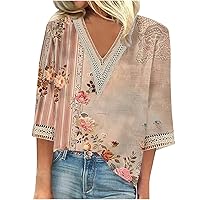 3/4 Sleeve Shirts for Women V Neck Crochet Lace Tops Boho Summer Tops Elbow Sleeve Hawaiian Blouses Vacation Outfits