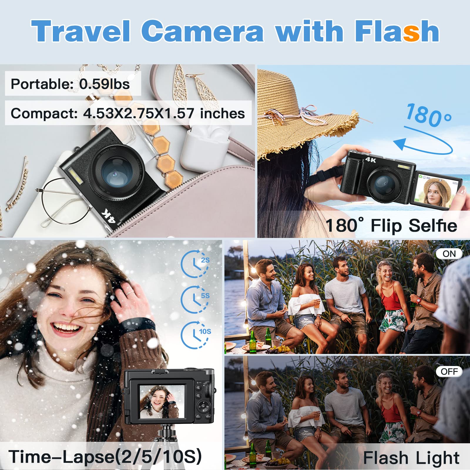 4K Digital Camera for Photography and Video Autofocus Anti-Shake, 48MP Vlogging Camera with SD Card, 3'' 180° Flip Screen Compact Camera with Flash, 16X Digital Zoom Travel Camera (2 Batteries)