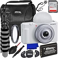 Ultimaxx Starter ZV-1F Camera Bundle (White) - Includes: 64GB Ultra Memory Card, Replacement Battery, Protective UV Filter, Mini Gripster Tripod, Water-Resistant Gadget Bag & More (15pc Bundle)