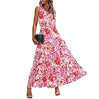 Women Summer Dress Casual Sleeveless V-Neck Maxi Long Dresses Cute Flowing Boho Floral Print Sundresses