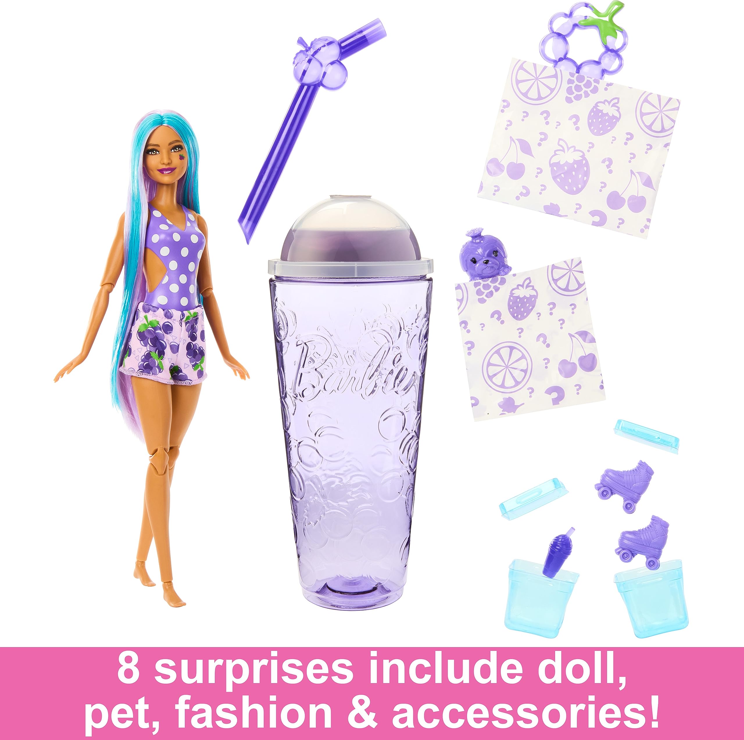 Barbie Pop Reveal Doll & Accessories, Grape Fizz Scent with Purple Hair, 8 Surprises Include Slime, Color Change & Puppy