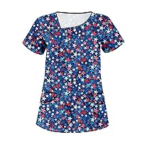 Scrubs for Women Tops Independence Day Print Slant Collar Double Pocket Scrubs Tops for Women, S-5XL