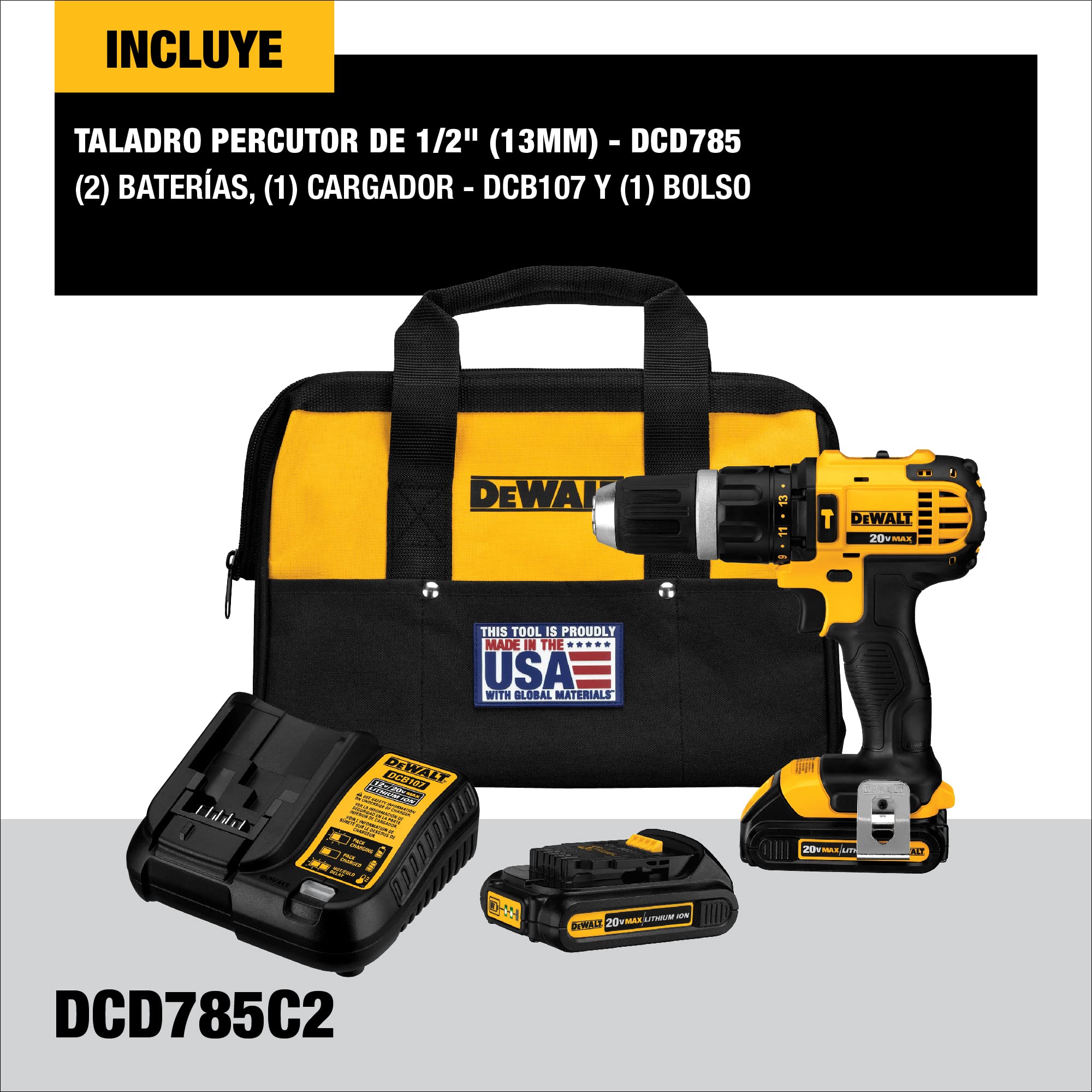 DEWALT 20V MAX* Hammer Drill, Compact, 1.5-Amp Hour (DCD785C2)