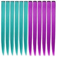 Multi-colors Party Highlights Straight Hair Colorful Clip in Synthetic Hair Extensions Multiple Colors Heat Resistant Long Hairpiece 12 PCS (Purple Teal)