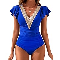 Blooming Jelly Women Tummy Control Swimsuits One Piece Slimming Modest Bathing Suits Ruffle Lace V Neck Swim Suits 2024