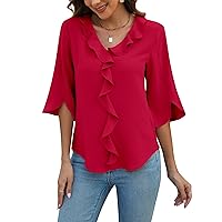 Blooming Jelly Womens Dressy Casual Blouses 3/4 Sleeve V Neck Ruffle Tops Business Ladies Summer 2024 Trendy Work Shirt