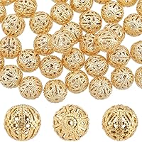 Beebeecraft 1 Box 50Pcs Round Beads 18K Gold Plated Brass Filigree Beads 10mm Hollow Beads Loose Beads for Earrings Bracelet Waist Chain Necklaces Jewelry DIY Crafts