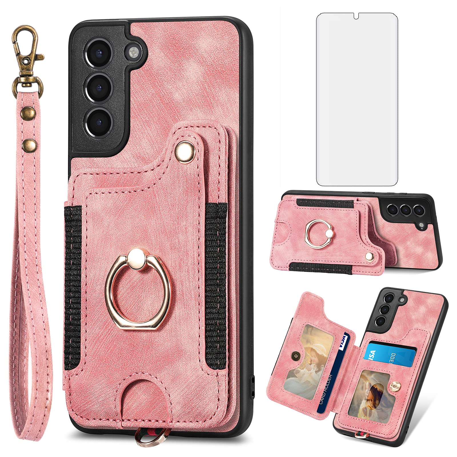 Phone Case for Samsung Galaxy S21 Plus S21+ 5G Wallet Cover with Screen Protector and Wrist Strap Lanyard RFID Card Holder Ring Stand Cell Accessories S21+5G S21plus 21S + S 21 21+ G5 Women Men Pink