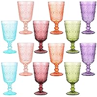 Wine Glasses Set of 12 Vintage Goblet 9 oz Vintage Colored Glass Goblet Beverage Stemmed Glass Cups Romantic Embossed Glassware for Wedding Party Holidays Anniversary (Multi Colors)