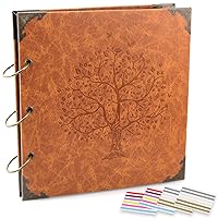 10x10 inch 50 Page DIY Scrapbook with Vintage Leather Cover, Tree Pattern, Brown Sugar