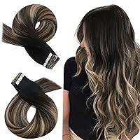 Moresoo Tape in Hair Extensions Ombre Human Hair Tape in Extensions Balayage Off Black to Brown Mix with Blonde Tape in Real Hair Extensions Human Hair Balayage Tape ins 18 Inch #1B/3/27 20pcs 50g