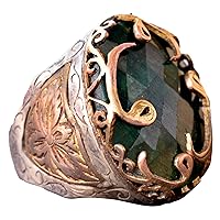 925 Sterling Silver Men Ring, Middle Eastern ethnic design, Real Emerald Natural Gemstone Ring