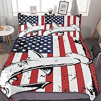 American Flag Hammerhead Shark 3 Piece Bedding Sets with Zip Closure Soft Microfiber Comforter Cover Set with 2 Pillowcases 102