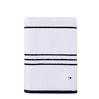Tommy Hilfiger Modern American Stripe Bath Towel, 30 X 54 Inches, 100% Cotton 574 GSM (White/Peacoat)