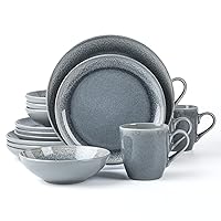 FAIT Round Stoneware 16pc Dinnerware Set for 4, Dinner Plates, Side Plates, Cereal Bowls, Mugs - Reactive Glaze Grey (448158)