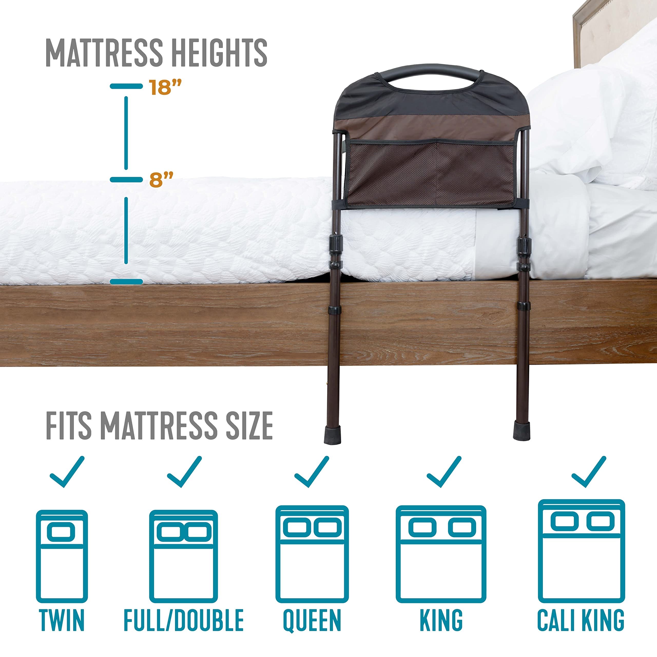 Stander Stable Rail, Bed Assist Rail for Elderly Adults, Senior Bed Handle with Adjustable Legs and Organizer Pouch