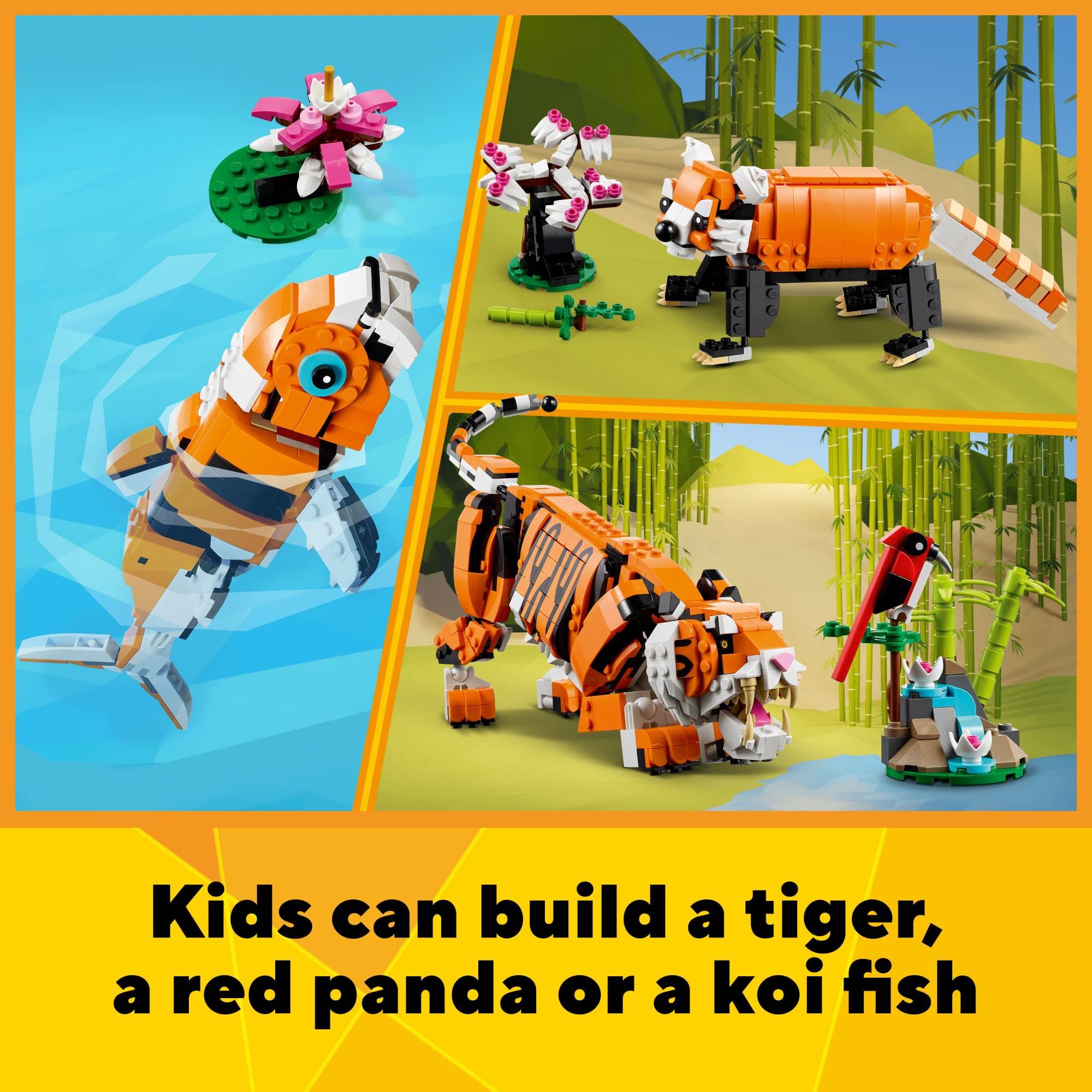 LEGO Creator 3 in 1 Majestic Tiger to Panda or Koi Fish Set 31129, Animal Figures, Collectible Building Toy, Gifts for Kids, Boys & Girls 9 Plus Years Old