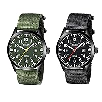 HANPOSH 2 Mens Watches Bundle. Waterproof Military Watches for Men Analog Tactical Wrist Watch Army Field Watches Work Watch Outdoor Casual Quartz Wristwatch Nylon Date Green+Black