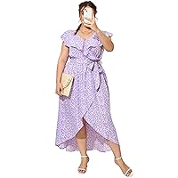 KOJOOIN Womens Plus Size Summer Dresses Casual Wrap V Neck Ruffle Cap Sleeveless Belt A-Line Swing Maxi Sun Dress