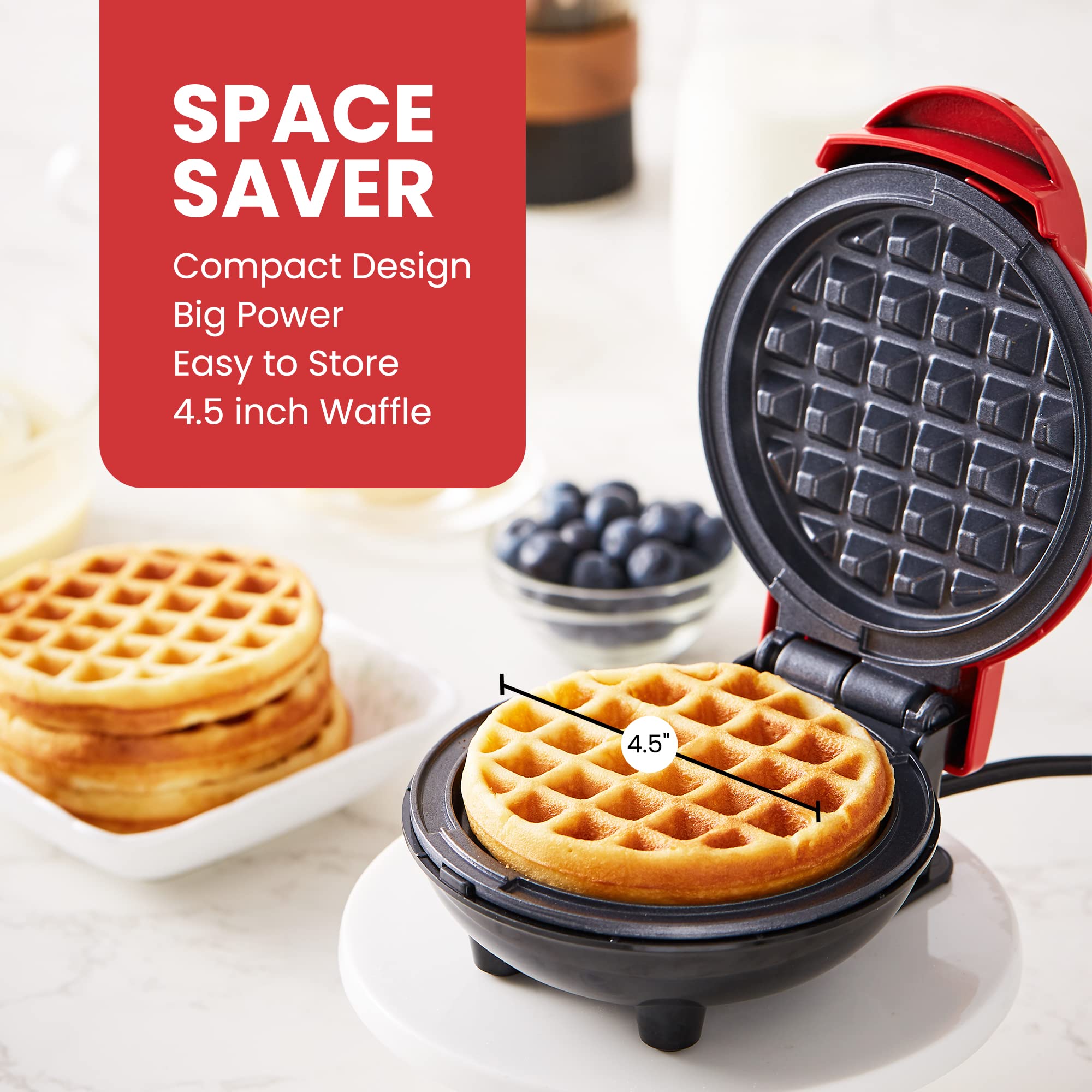 Elite Gourmet EWM015R# Electric Nonstick 4.5-inch Mini Waffle Maker, Belgian Waffles, Compact Design, Hash Browns, Keto, Snacks, Sandwich, Eggs, Easy to Clean, Red