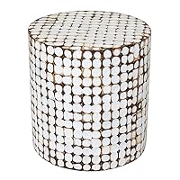 East at Main Round Side Table - Real Coconut Shell Mosaic Inlaid, Pre-Assembled, Natural Wood and Patina Finish (White)