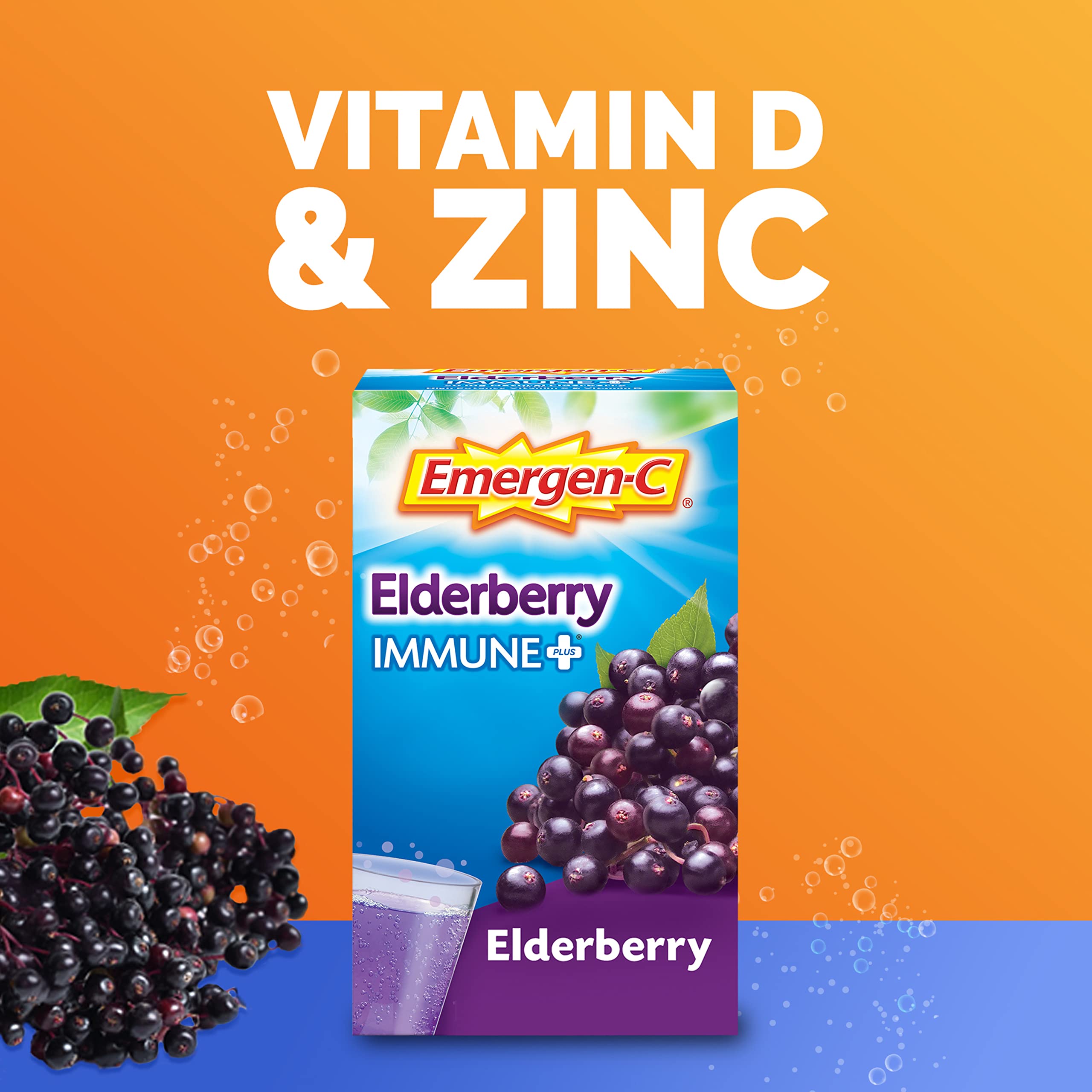 Emergen-C Immune+ Vitamin C 1000mg (18 Count, Elderberry) Dietary Supplement Fizzy Drink Mix Powder Packets