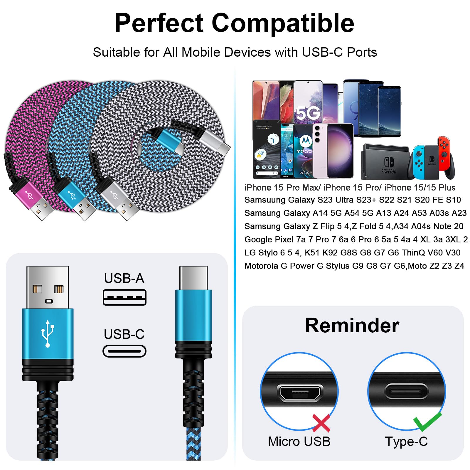 USB C Charger Cable 6FT/3Pack for iPhone 15/15 Pro/15 Pro Max/15 Plus,3.1A USB Type C Cable Car Fast Charging Cord for Samsung Galaxy A14 5G A54 S23 S22 S21 S20,Google Pixel 8 Pro 8 7a 7 Pro 6 6a