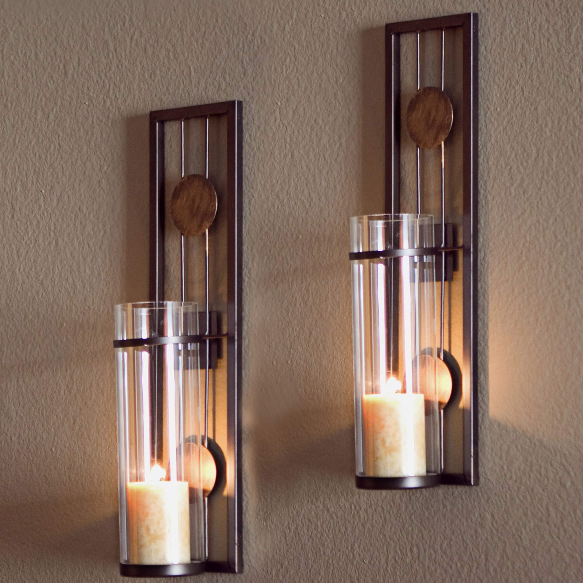 COLIBYOU 2 Piece Brown Tan Candle Holders Metal Sconce Set Modern Contemporary Wall Sconces Candles Warm Romantic Ambiance Elegant Geometric Design...
