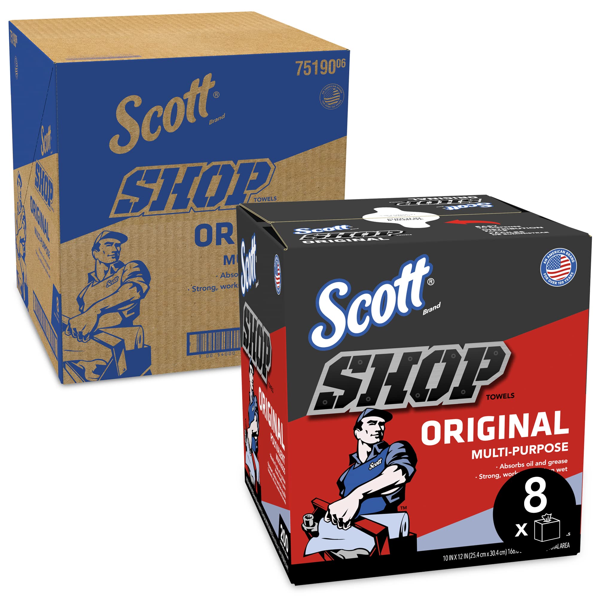 Scott Shop Towels Original (75190), Blue, Pop-Up Dispenser Box, 200 Towels/Box, 8 Boxes/Case, 1,600 Towels/Case