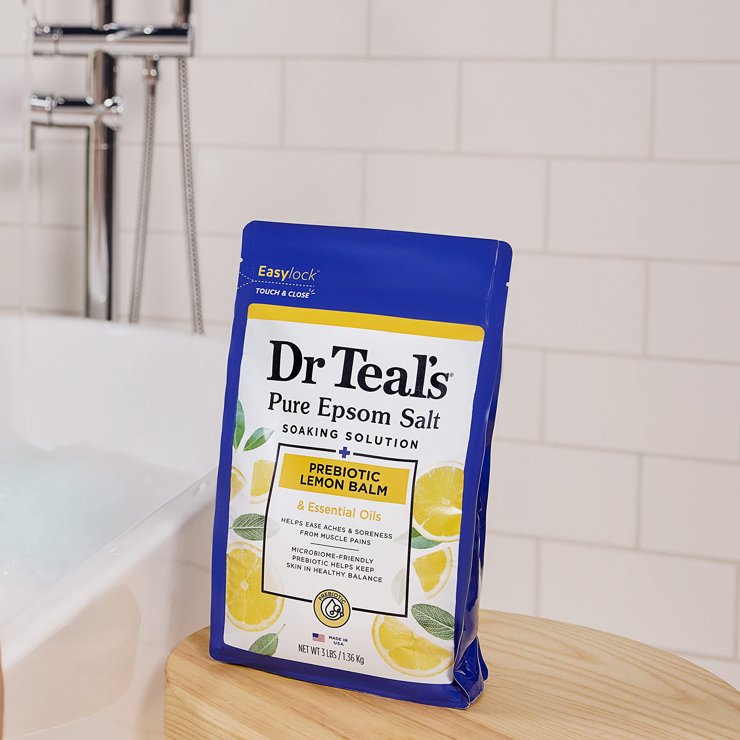 Dr Teal's Pure Epsom Salt, Prebiotic Lemon Balm & Essential Oil, 3 lbs (Pack of 4) (Packaging May Vary)