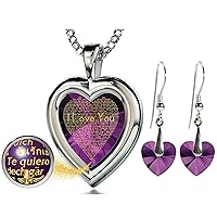 NanoStyle 925 Sterling Silver Loving Jewelry Set for Women I Love You Necklace in 120 Languages Inscribed in Pure Gold on Cubic Zirconia Romantic Heart Pendant and Crystal Earrings, 18