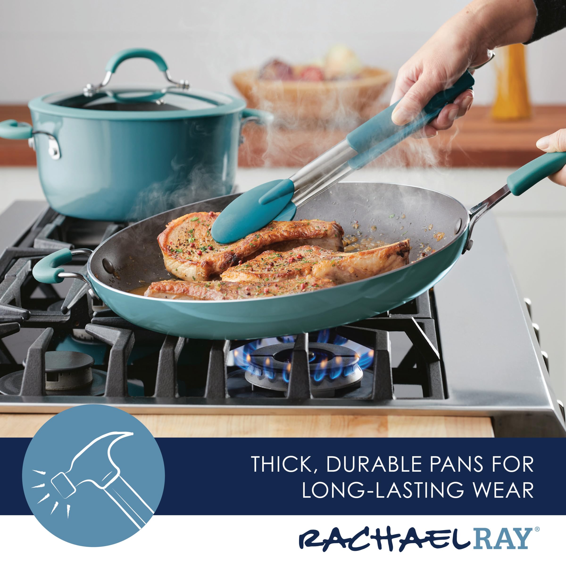 Rachael Ray Cook + Create Nonstick Frying Pan/Skillet with Helper Handle, 14 Inch - Agave Blue