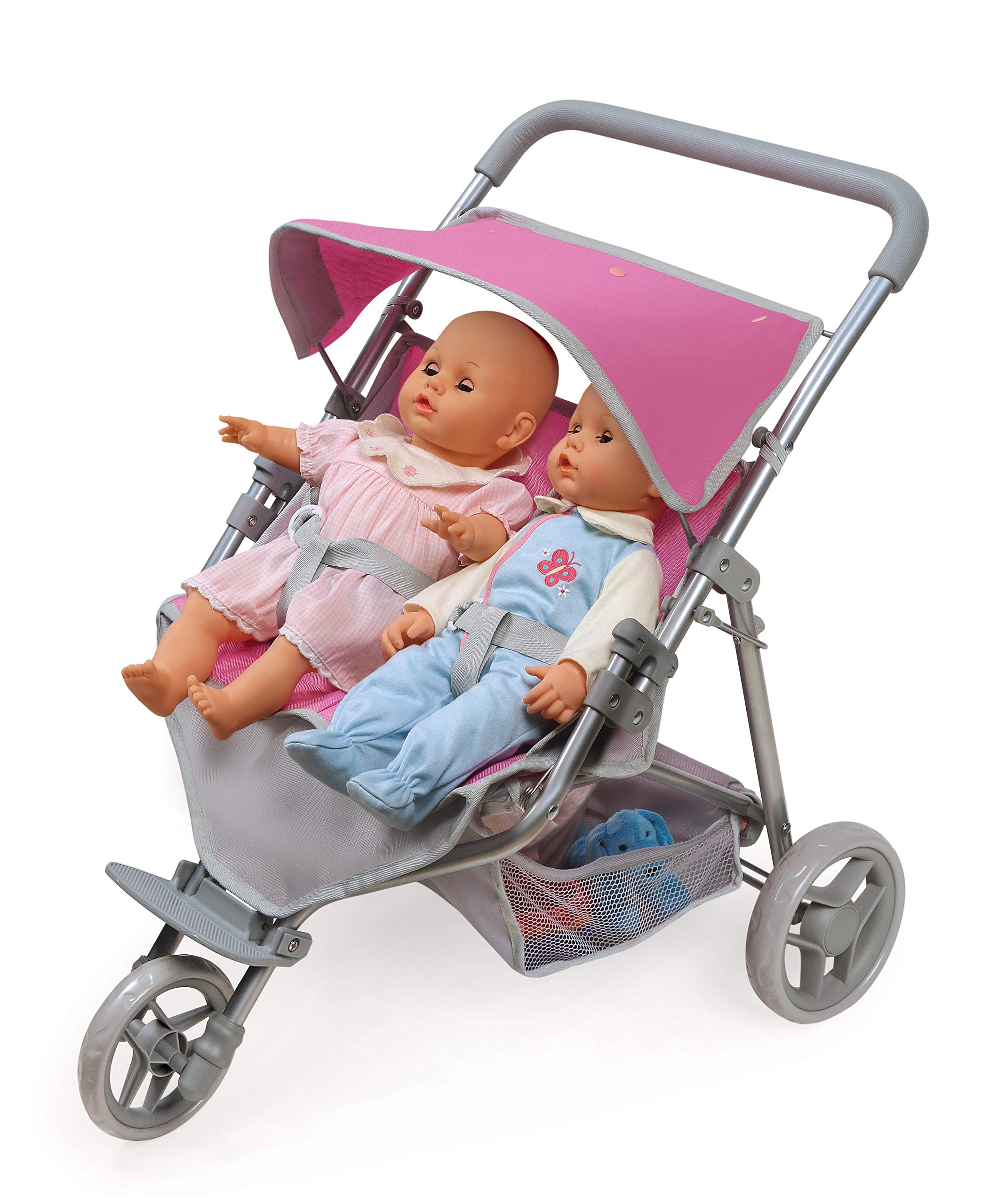 Badger Basket Trek Toy 3-Wheel Folding Twin Jogging Doll Stroller for 16 inch Dolls - Pink/Gray