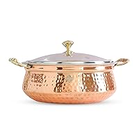 IndianArtVilla Hammered Steel Copper Casserole Donga Bowl with Glass Lid,Serveware & Tableware,74 OZ