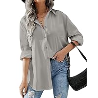 HOTOUCH Women Button Down Shirts Office Drop Shoulder Oversized Blouse Long Sleeve Boyfriend Dress Shirt with Pocket