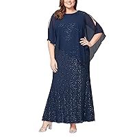 S.L. Fashions Women's Plus Size Long Length Sequin Lace Beaded Capelet Mother of The Bride Dress, Formal Evening Gown