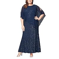 S.L. Fashions Women's Plus Size Long Sequin Lace Beaded Cold Shoulder Capelet Dress