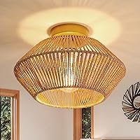AUA Rattan Light Fixtures Ceiling, Semi Flush Mount Ceiling Light with Hand-Worked Cage Lampshade, Woven Ceiling Light Fixtures for Bedroom Hallway Balcony Nursery Entryway Brass