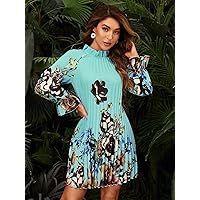 Summer Dresses for Women 2022 Floral Print Frilled Neck Bell Sleeve Pleated Dress Dresses for Women (Color : Green, Size : X-Large)