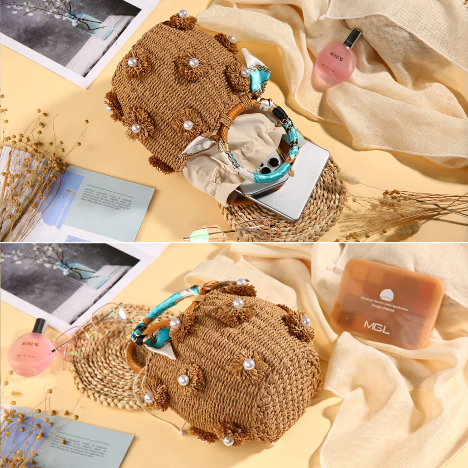 JBRUN Pearl Flower Straw Woven Tote Bag Summer Beach Rattan Handle Bucket Bag Straw Purses and Handbags for Women