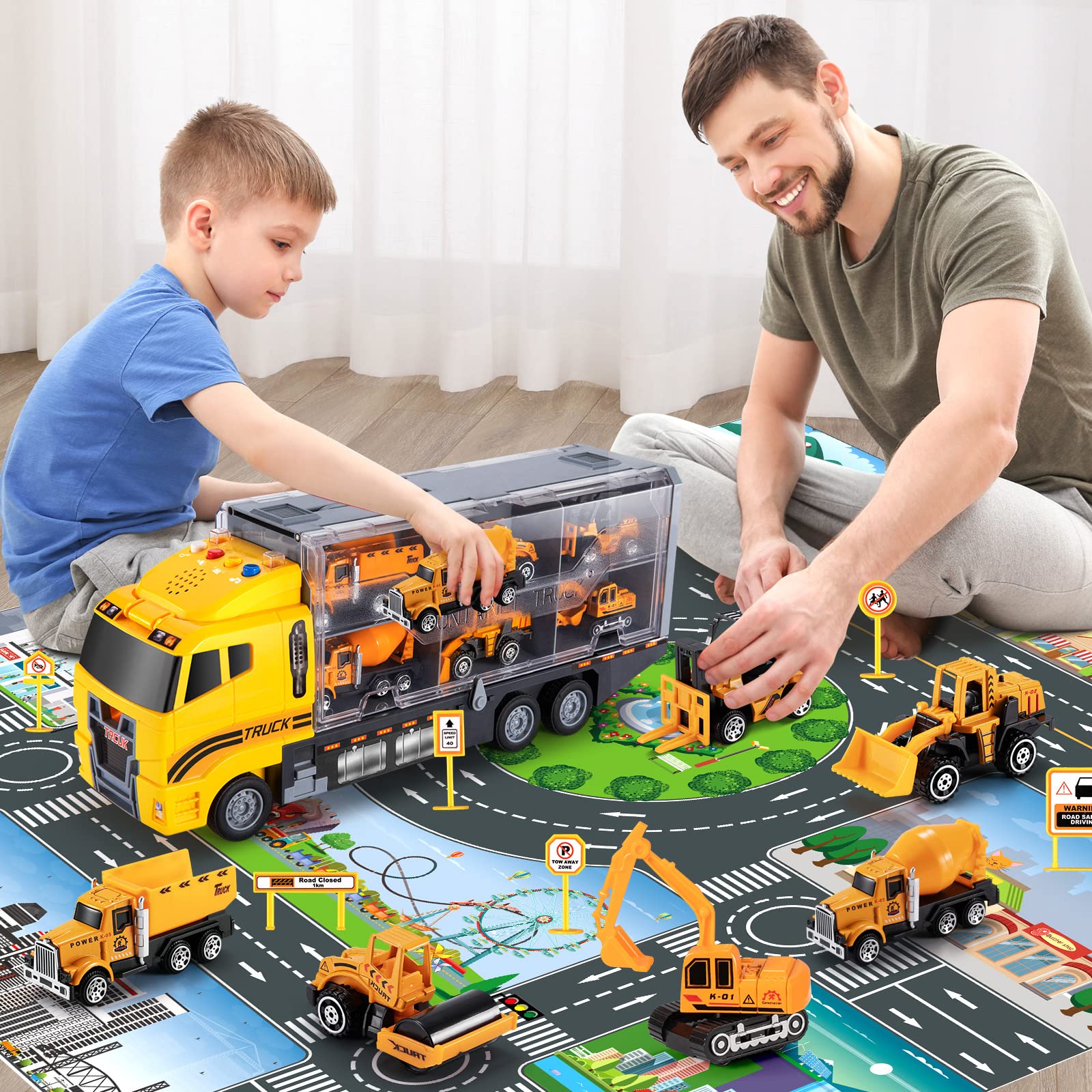 TEMI Toddler Toys for 3 4 5 6 Years Old Boys, Die-cast Construction Toys Car Carrier Vehicle Toy Set w/Play Mat, Truck Alloy Metal Car Toys for Age 3-9 Toddlers Kids Boys & Girls