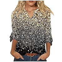 Womens Long Sleeve Tops Loose Casual V-Neck Printed Blouses Bell 3/4 Sleeve T-Shirt