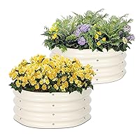 T4U Round Raised Garden Bed Set of 2,2ft X 2ft X 0.9ft Zinc-Aluminum-Magnesium Stainless Steel Durable Metal Planter Box, Outdoor Garden Bed for Vegetables Flowers Fruits Herb etc(Ivory White)